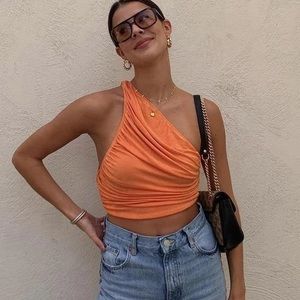 Rouched orange one shoulder crop top -NEVER WORN